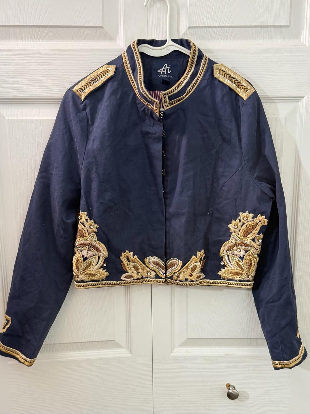 Authentic Icon Navy Gold Embroidered Military Cropped Jacket XL Runs Small